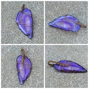 Vtg Agate Slice Wire Wrapped Necklace Pendant